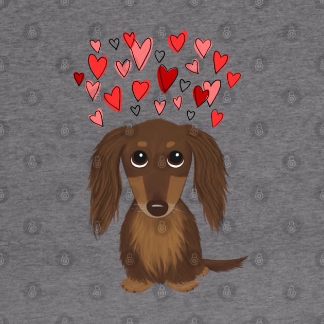 Cute Wiener Dog | Longhaired Chocolate Dachshund with Valentine Hearts by Coffee Squirrel